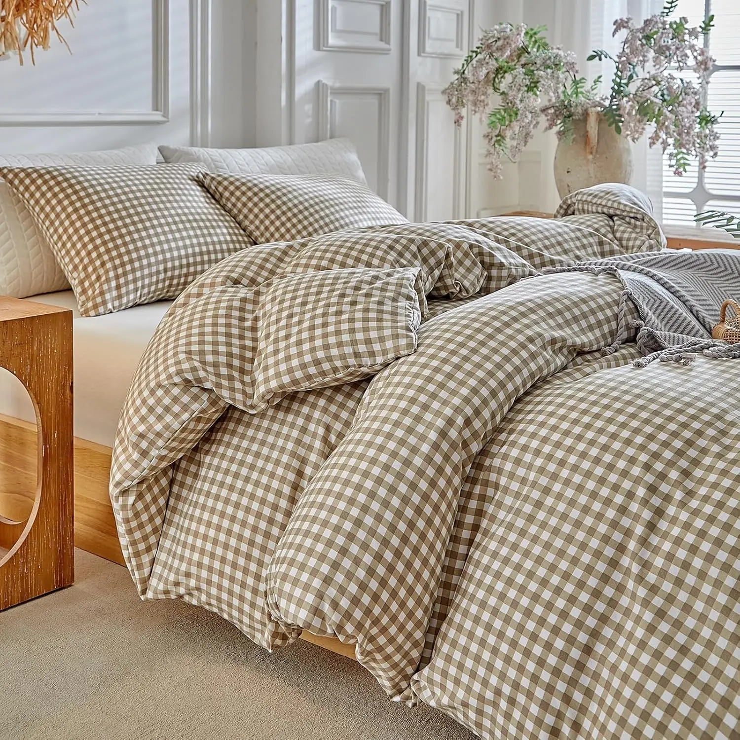 Grid King Duvet Cover Set - Tan Gingham Washed Microfiber Comforter Cover Set, 3 Pieces Plaid Checkered Soft Reversible Bedding Set(Tan,King)