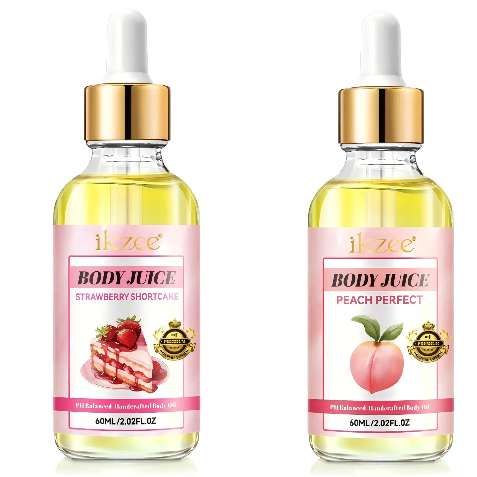 [Buy One Get One Free] Body Juice Oil 60ml*2, Strawberry Crispy Scent + Perfect Peach Scent, Body Oil Scented, 2-Bottle Pack, Body Oil Set, Fresh Fruity Body Oil, Lightweight and Easy to Apply, Suitable for Daily Body Care