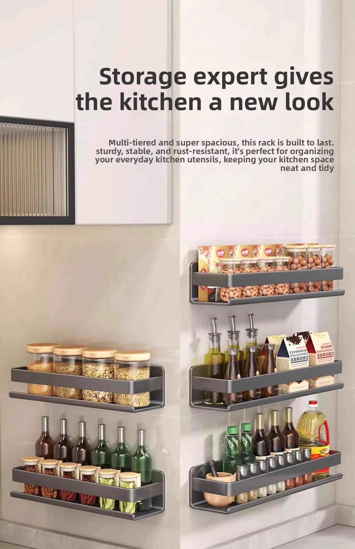 Kitchen storage rack, seasoning shelf, punch-free wall-mounted multifunctional hanging rack for condiments on the wall