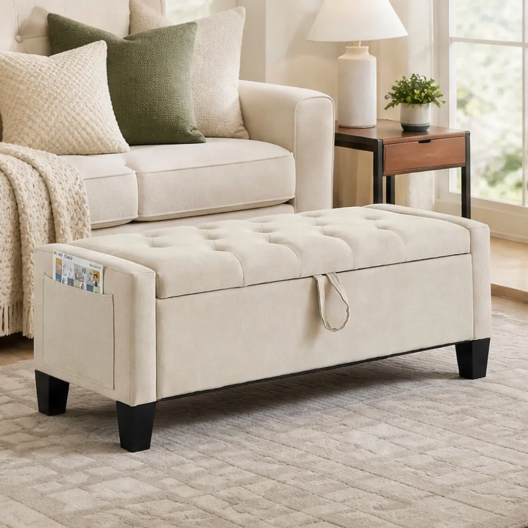 ARCH Linen Fabric Tufted Diamond Stitch Ottoman Bench with Storage - Foam Cushion, Safety Hinge, 350 lbs Load, Solid Wood Frame, Hidden Stash Space, 17x45x17 in, 17 in Seat Height, Multi-Purpose for Entryway/Bedroom