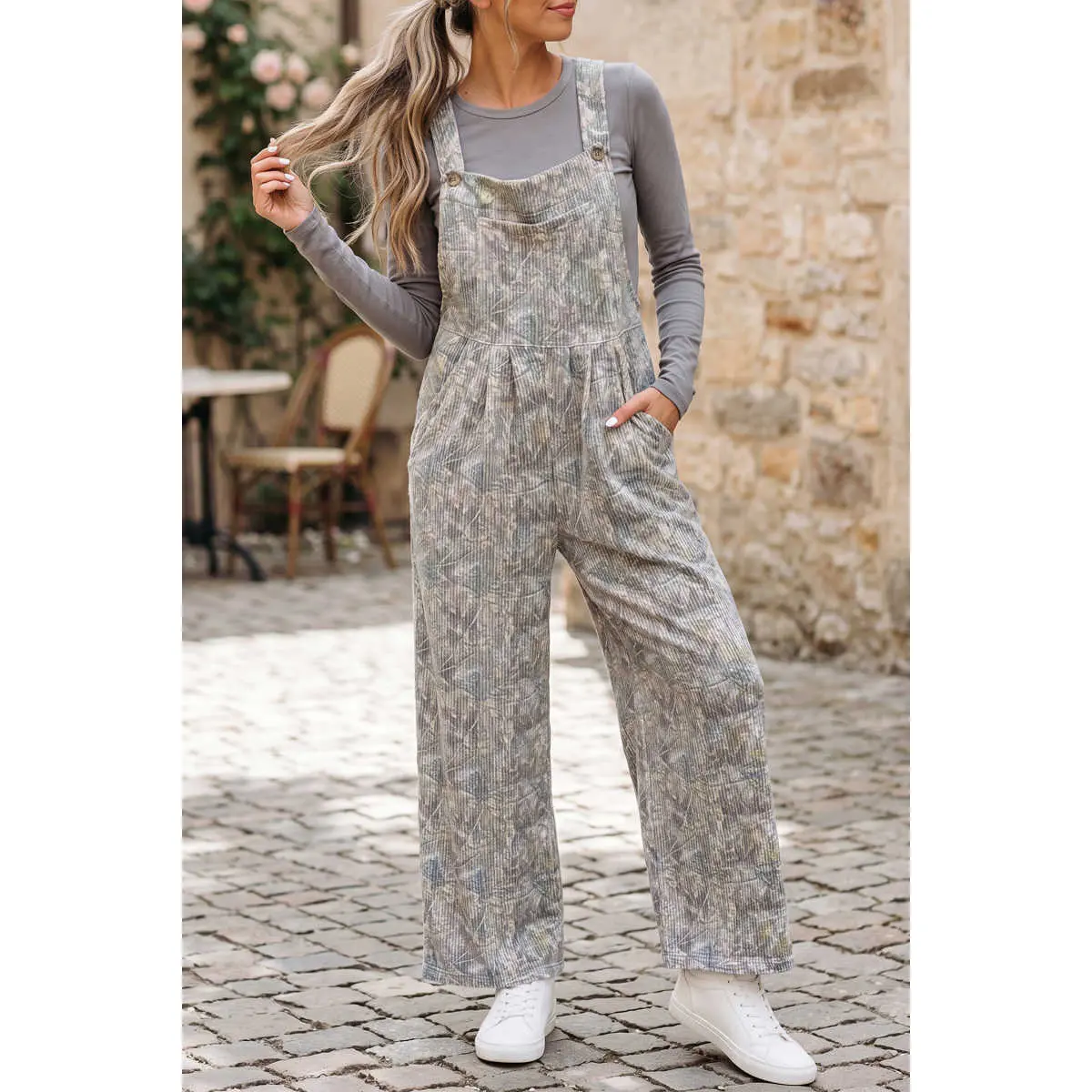 Brown Camouflage Twist Ribbed Sleeveless Full-Length Casual Jumpsuit