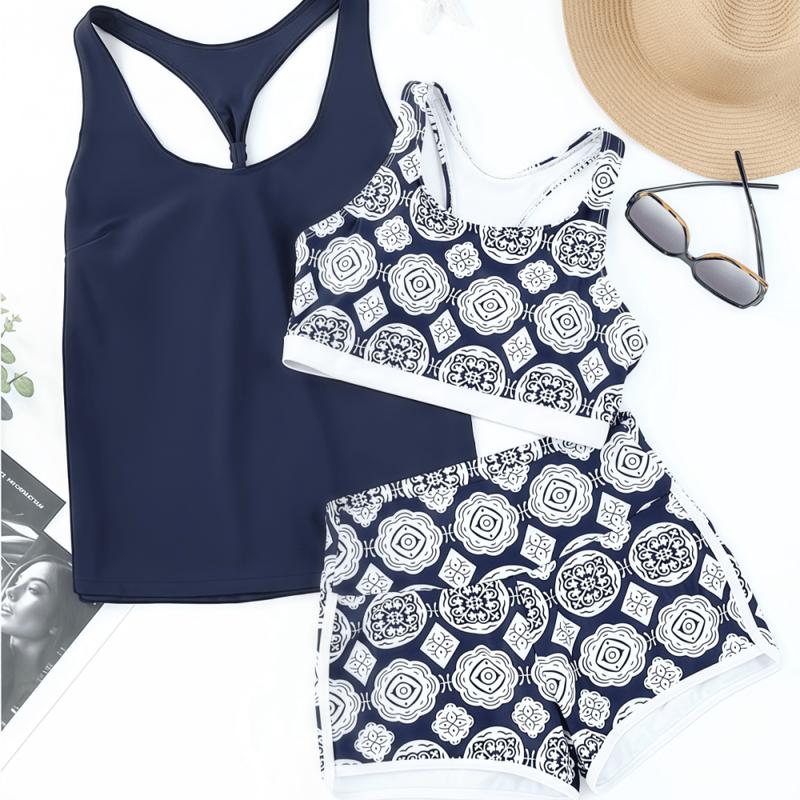 Womens Athletic 3 Piece Tankini Swimsuits with Shorts Swim Tank Tops with Sports Bra and Boyshorts Bathing Suits Sport Swimming Clothing Beach,Tankini Swimsuits for Women Swimwear Swimsuits for Curvy Women