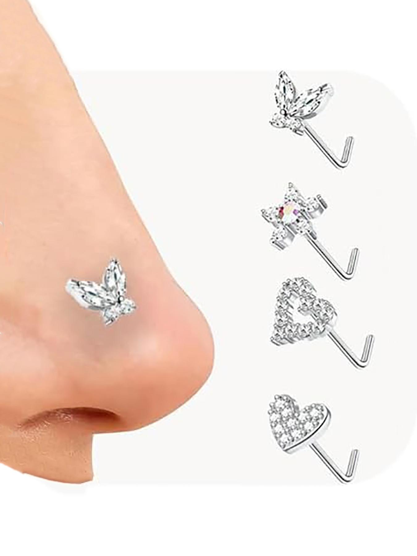 Fashionable Nose Rings, L Shaped Nose Studs, Dangle Nose Studs, Stainless Steel Nose Rings, Nose Cuff, Body Piercing Jewelry for Women & Men, Double Nose Pierced Jewelry