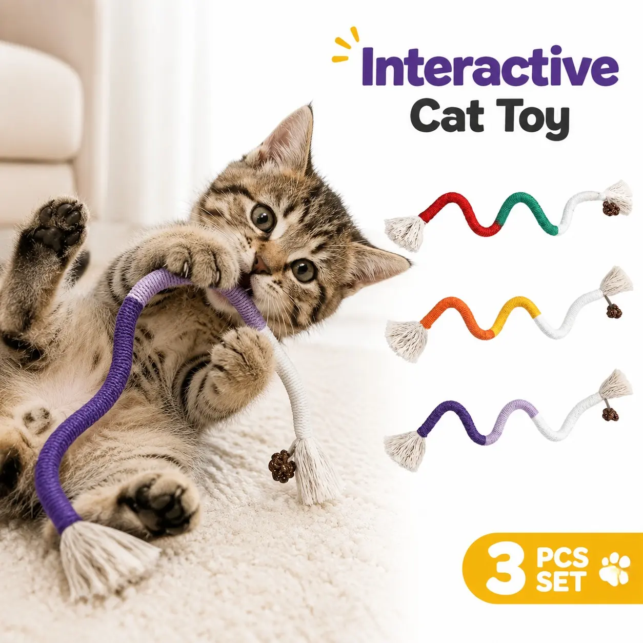3PCS Cat Chew Ropes, Cat Chew Toys for Teeth Cleaning and Dental Care, Interactive Teething Rope Toys for Indoor Cats and Kittens, Self-Play Cat Toys for Daily Entertainment