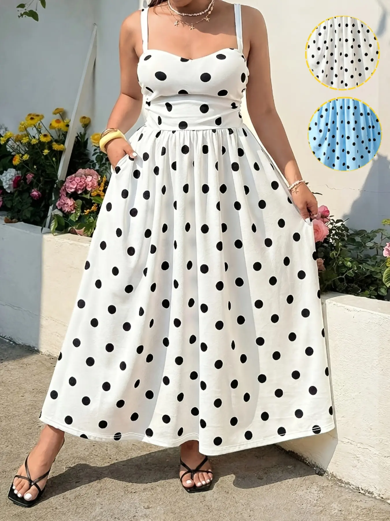 Plus Size Polka Dot Halter Long Dress, Waist Cinch Slim Fit A-Line with Pockets, Holiday Style Casual Wear Knee-Length Dress for Women