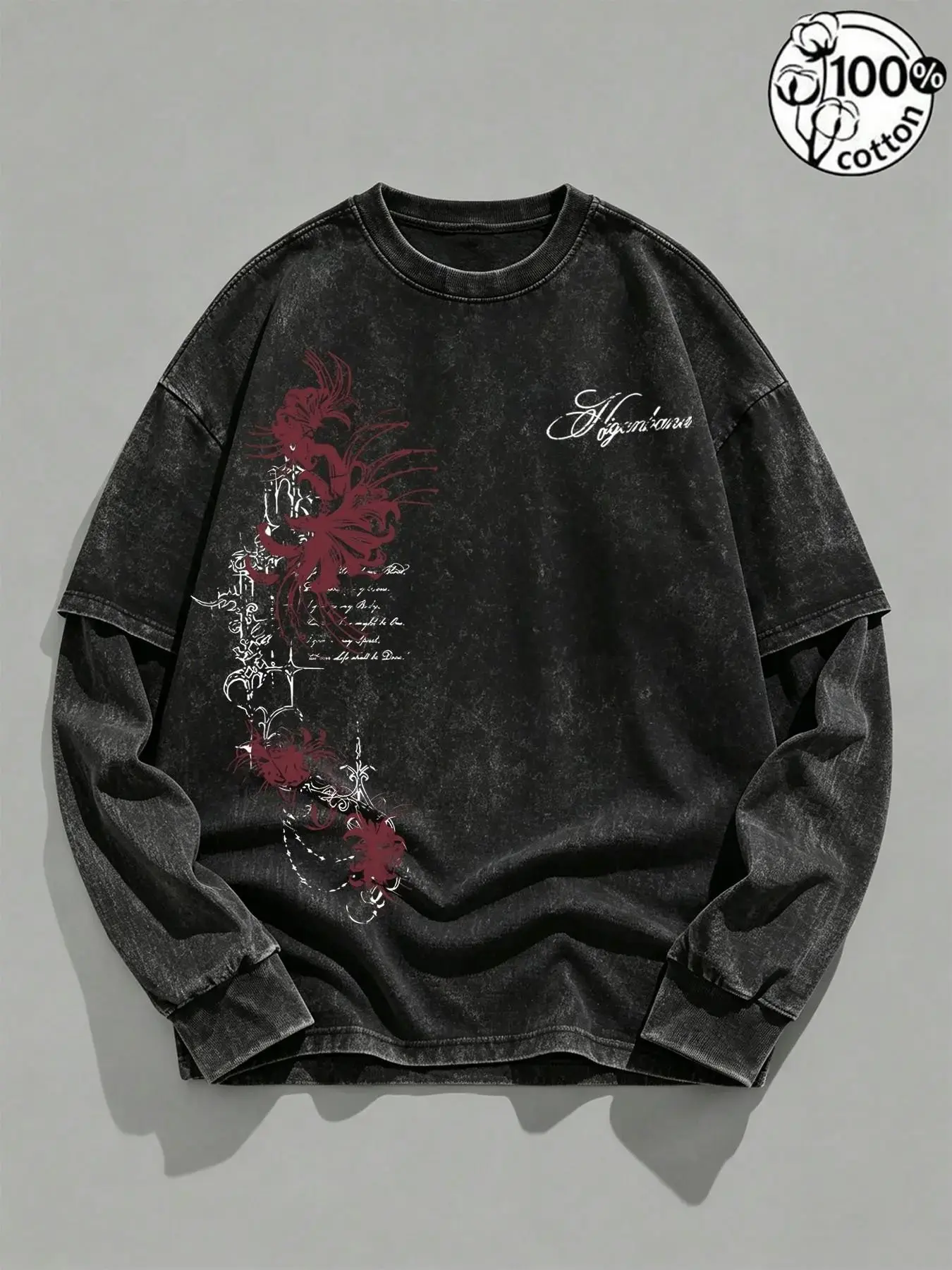Unisex 100% Cotton Acid Washed Faux Two-Piece Oversize Round Neck Long Sleeve Graphic Tee with Side Red Spider Lily Print Gothic Dark American Vintage Retro Streetwear Casual Top