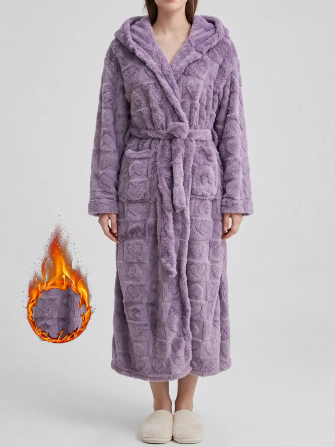 Women's Autumn Winter Sweet Heart Jacquard Flannel Robe, Loose Tie Pockets Thick Fleece Sleepwear, Dual Color Warm Hooded Bathrobe