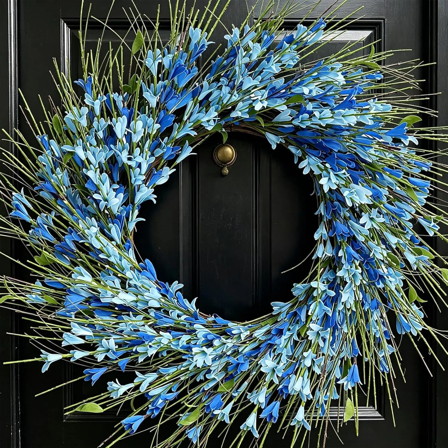 24 Inch Summer Fall Wreath for Front Door Blue | Blue Floral Wreath with Grapevine Base, Silk Forsythia  Wreath for  Porch Wall Window Indoor Outdoor Decor