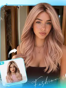 18 Inch Big Wave Wig, Peach Gold Highlights, Synthetic High-Temperature Fiber, Natural Voluminous Layers, Daily Commute Party Date Wig