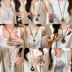 Vintage bohemian style ceramic necklace medieval exotic ethnic style long sweater chain zen collarbone chain neck chain