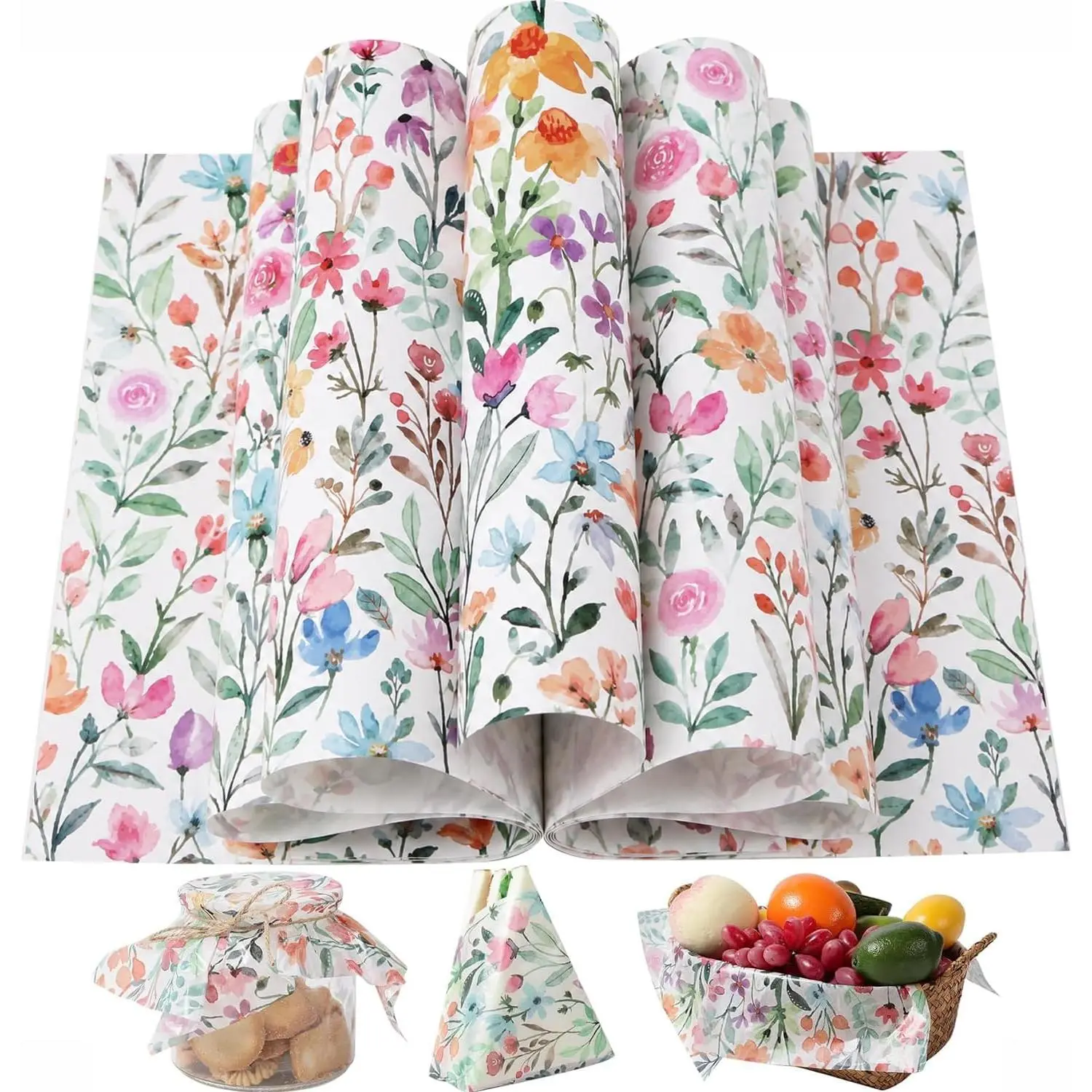 150 count Wildflower Garden Floral Wax Paper Sheets for  Deli, 9.8 x 8.3 inch Watercolor Flower Greaseproof Wrapping Paper for Sandwich Picnic Basket Liner Valentine Birthday Shower Party Supplies