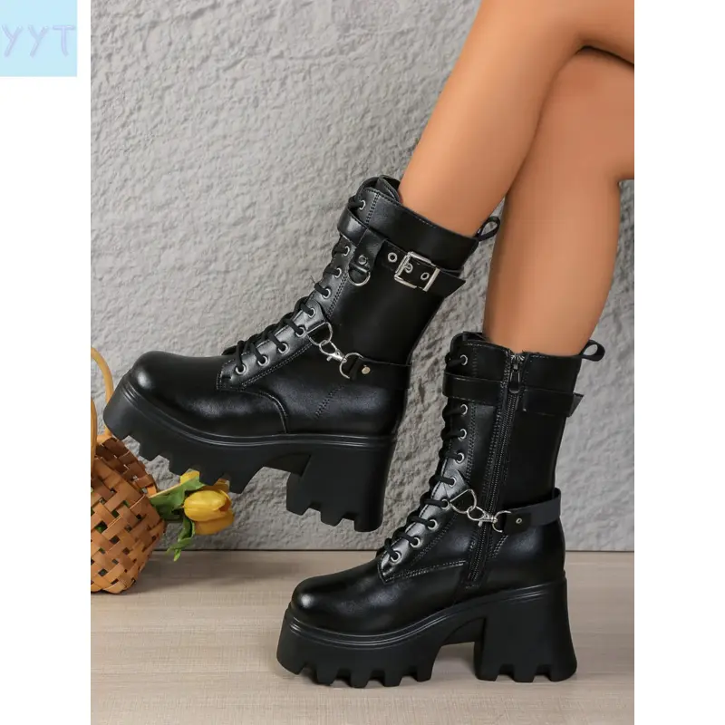 YYT1 Women's 9.5CM Chunky Heel Platform Combat Boots| Gothic Punk Y2K Biker Style| PU Leather, Lace-Up Side Zipper, & Decor, Non-Lug Sole| Rave Festival, Night Club, Streetwear, Cosplay Footwear