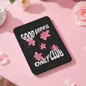 iPad case ipad accessories Printed with pink flowers & "GOOD VIBES ONLY CLUB" text, PU Flip iPad Case with TPU Shockproof 3-Fold Stand Pencil Slot Auto Wake/Sleep, Back to School Gift Fall iPad Air 11/10.9, iPad Pro 11/12.9, iPad Mini 8.3, Galaxy Tab S10+