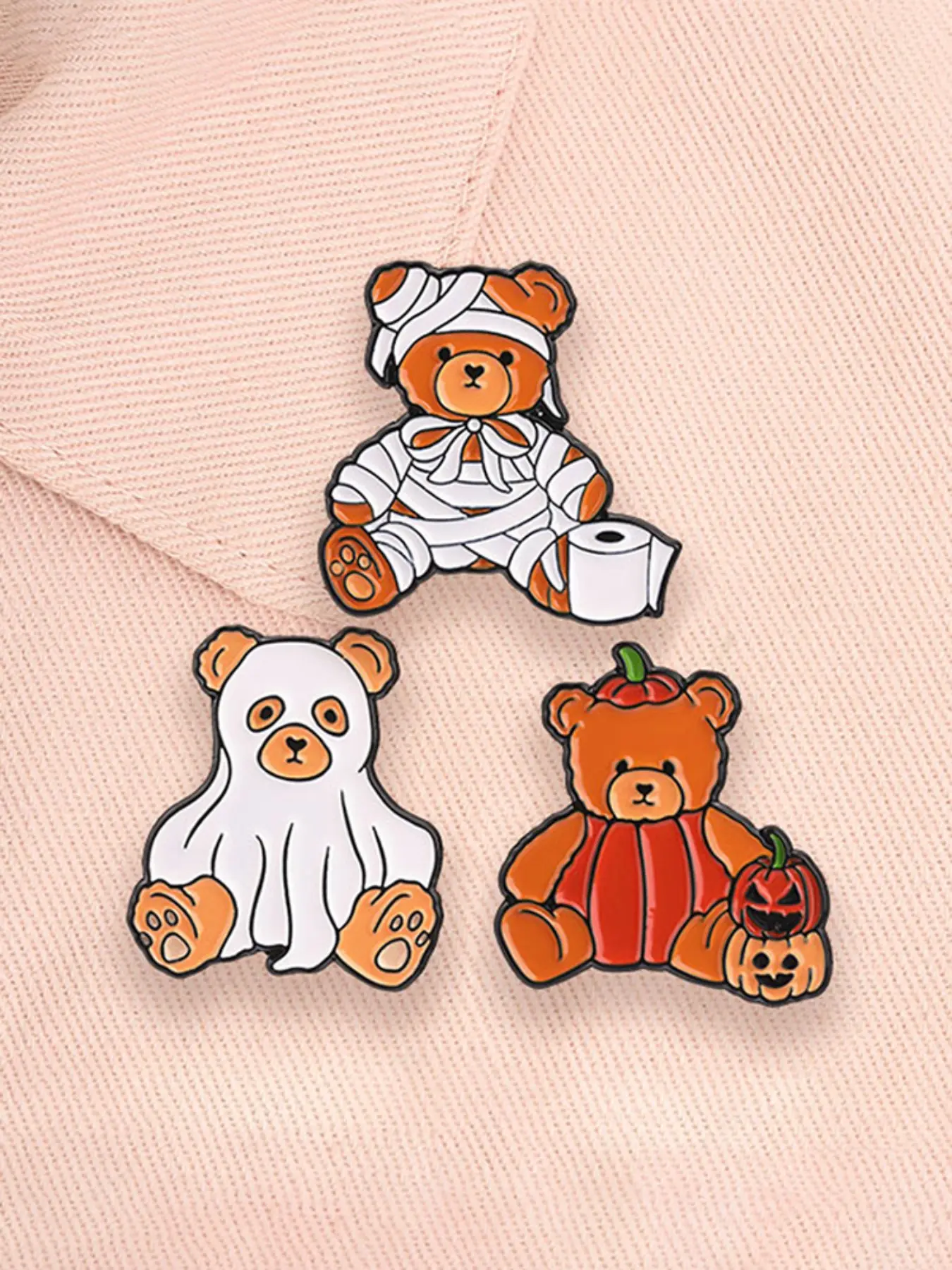 3-Piece Halloween Cartoon Brooch Set, Teddy Bear Ghost Mummy Jack O' Lantern Alloy Pins, Fashion Accessories for All Seasons