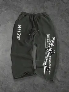 Men's Wide Leg Drawstring Sweatpants, Japanese Samurai Katana Cherry Blossom & Kanji Text Print Casual Joggers, Harajuku Bushido Streetwear Elastic Waist Trousers #SamuraiStreetwear #JapanesePrintPants #HarajukuFashion #BushidoStyle #TikTokMadeMeBuyIt