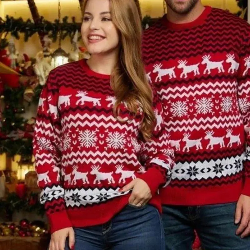 2025 Winter Women Men Christmas Sweaters Couples Matching Outfits Warm Thick Jumpers Soft Jacquard Knitwear Family Look Pullover
