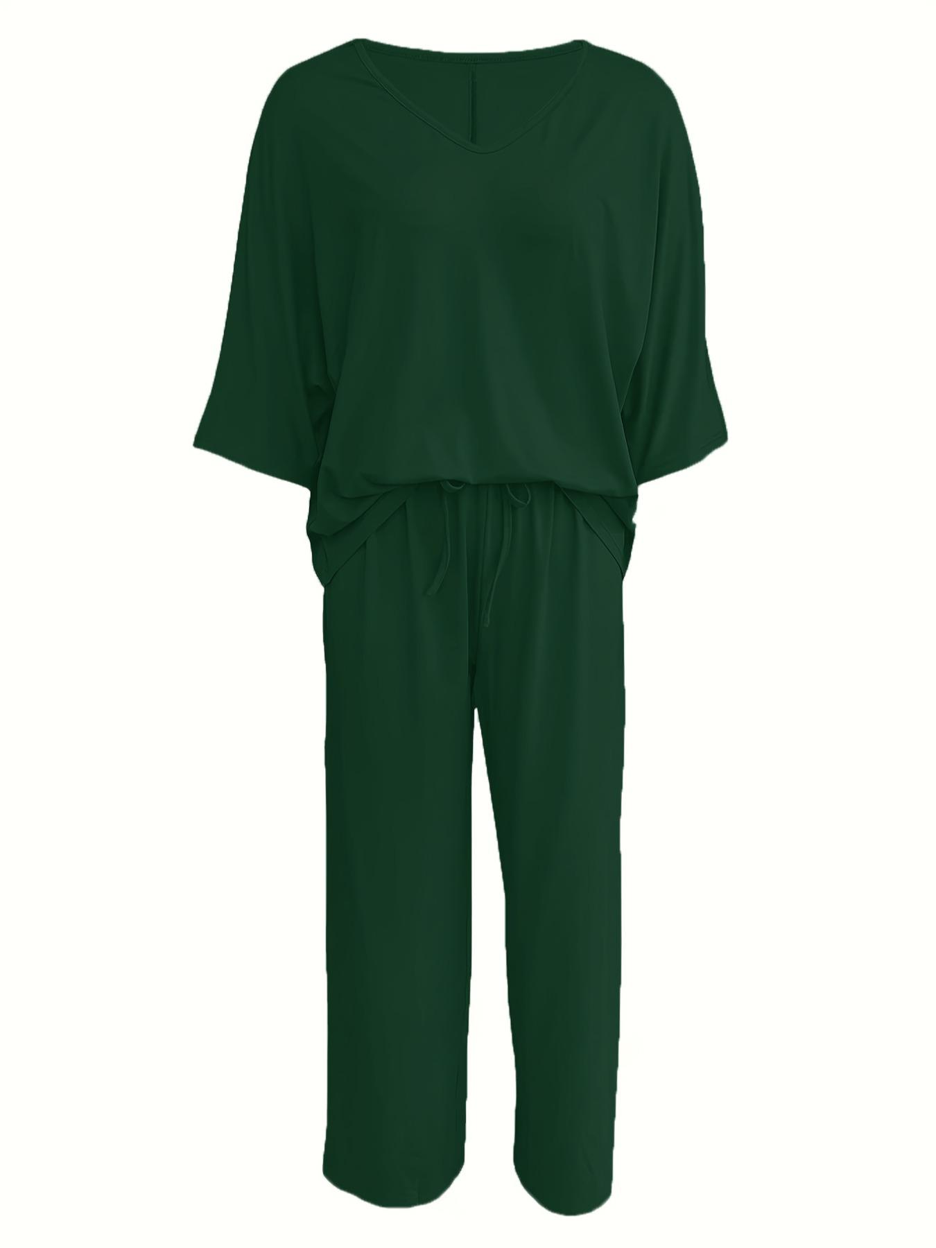 Women's V Neck Short Sleeve Loose Knit Wide Leg Pants Set, Casual Home Wear Two-Piece, Comfortable and Stylish Clothing