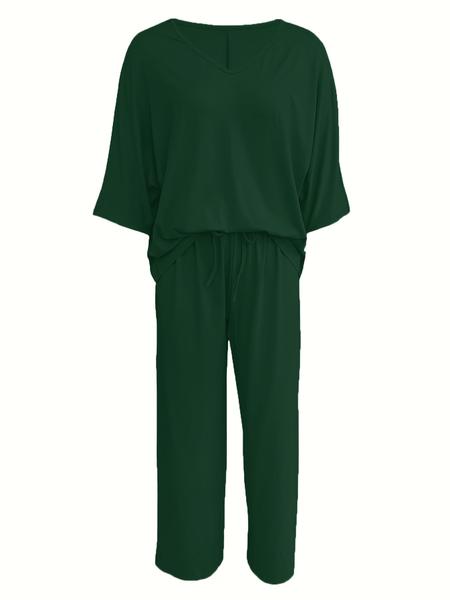 Women's V Neck Short Sleeve Loose Knit Wide Leg Pants Set, Casual Home Wear Two-Piece, Comfortable and Stylish Clothing