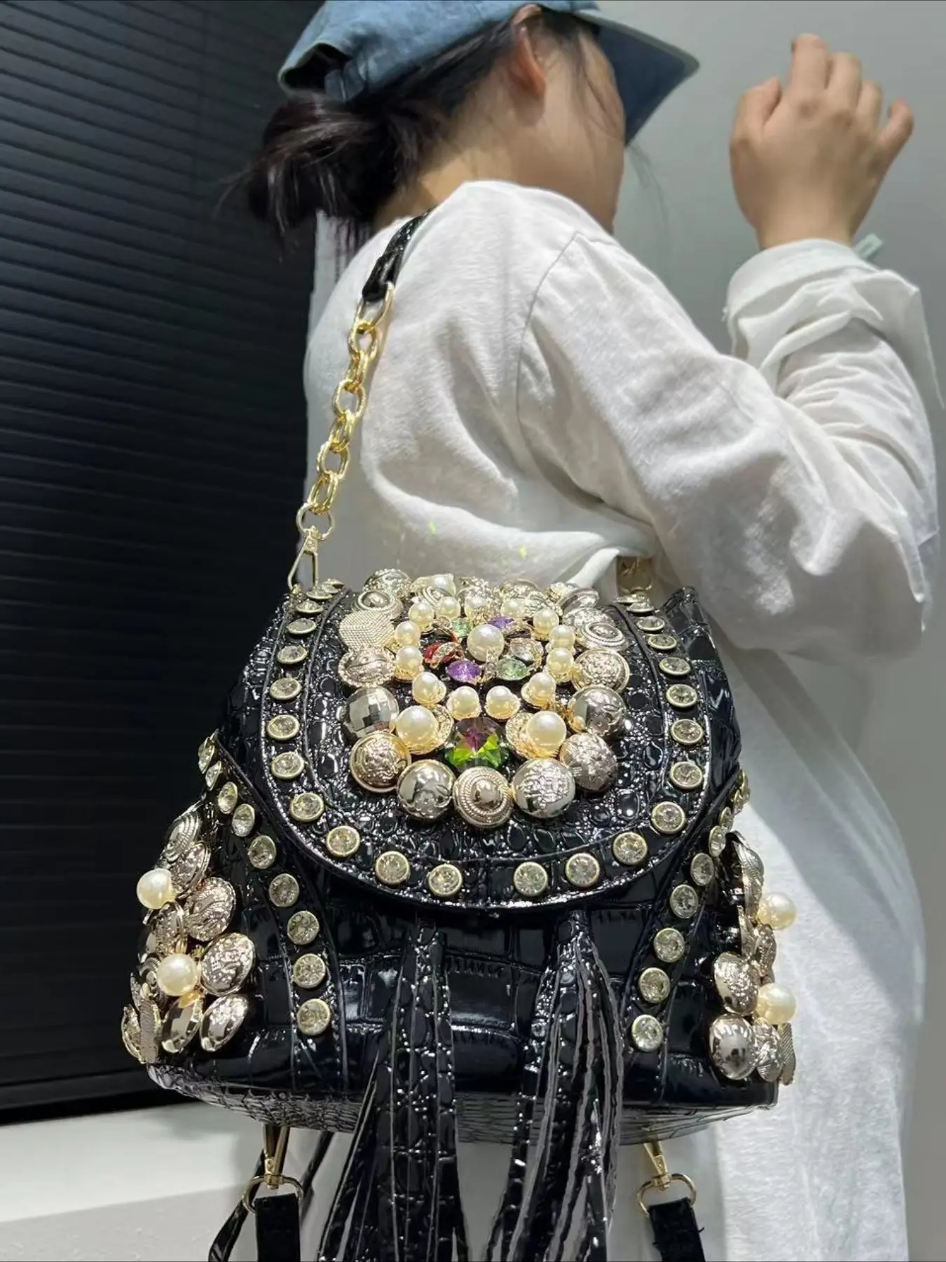 Ladies' Fashion Diamond studded Banquet Handbag Multi functional Backpack Crocodile Pattern Elegant Dress Luxury Shoulder Bag