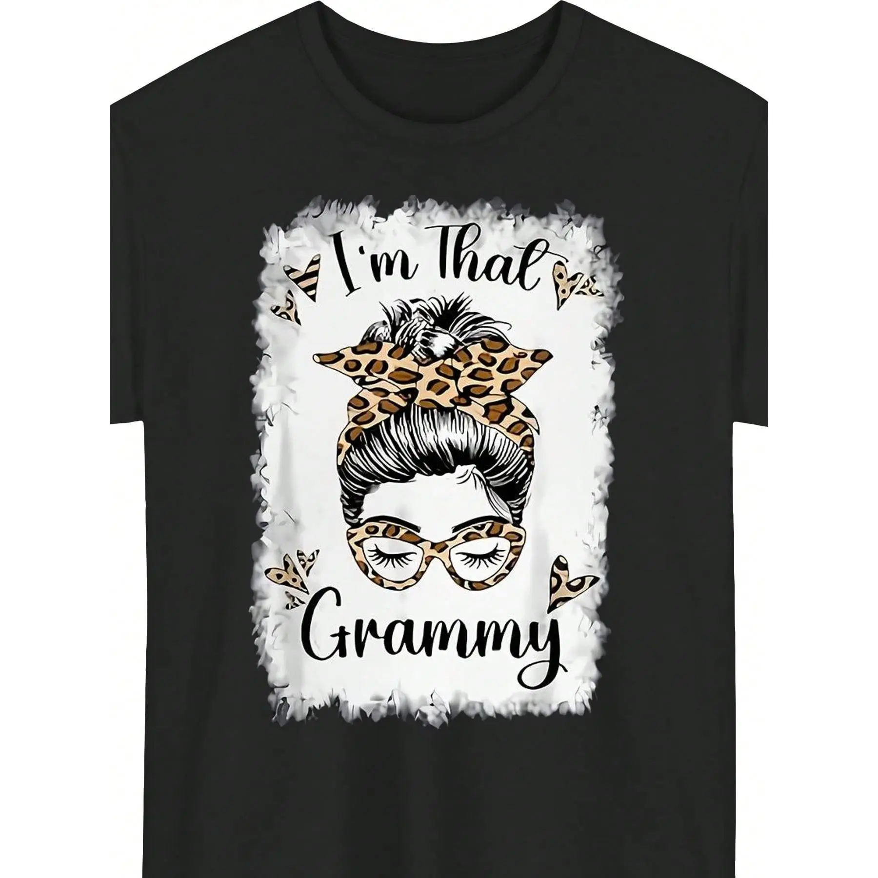 Women's Soft Cotton T-shirt with "I'm That Grammy" Leopard and Floral Graphic, Casual Shortsleeve Round Neck Pullover, Top, Knitted, Tshirt, Piece, Halloween, Crew Neck, Fabric, 100% Cotton, Short Sleeve, Regular Length, Breathable Knit, All Over Print