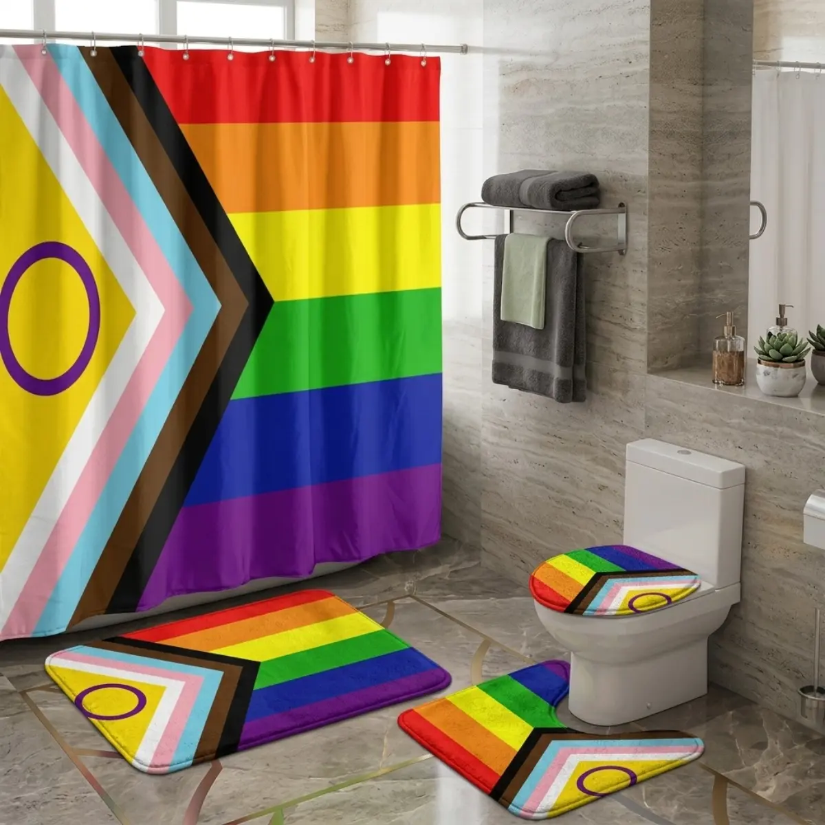 4pcs Rainbow Pride Geometric Shower Curtain Set, Bold LGBTQ Stripe Bath Decor, Colorful Festival Bathroom Makeover, TikTok Shop Trendy Home Decor, Vibrant Holiday Style