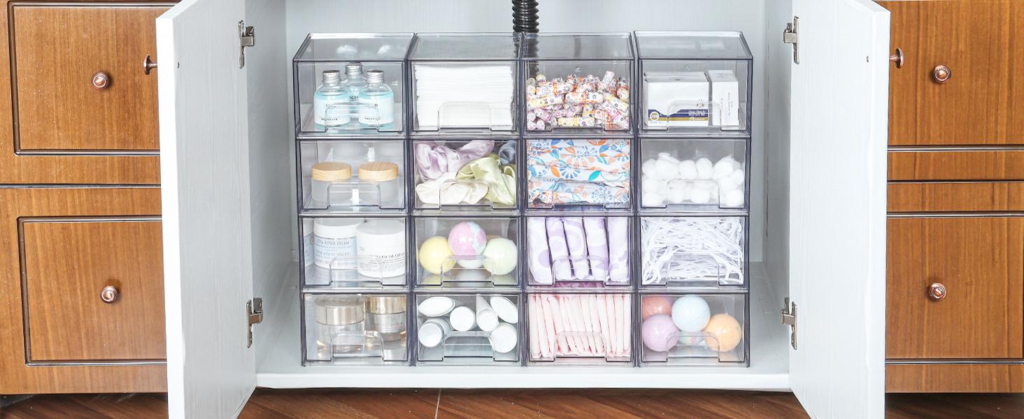 ZY 4 Pack Clear Small Stackable Storage Drawers,Acrylic Bathroom Makeup Organizer,Plastic Storage Bins For Vanity, Undersink, Kitchen Cabinets, Pantry, Home Organization Box Boxes Container Silicone Decoration Laundry Transparent