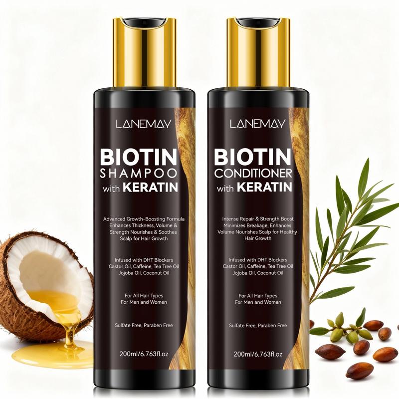 200ml+200ml Biotin Shampoo & Conditioner Set with Keratin - DHT Blockers & Caffeine Formula - Advanced Growth Boosting & Thickness Enhancement - Sulfate Paraben Free Hair Care