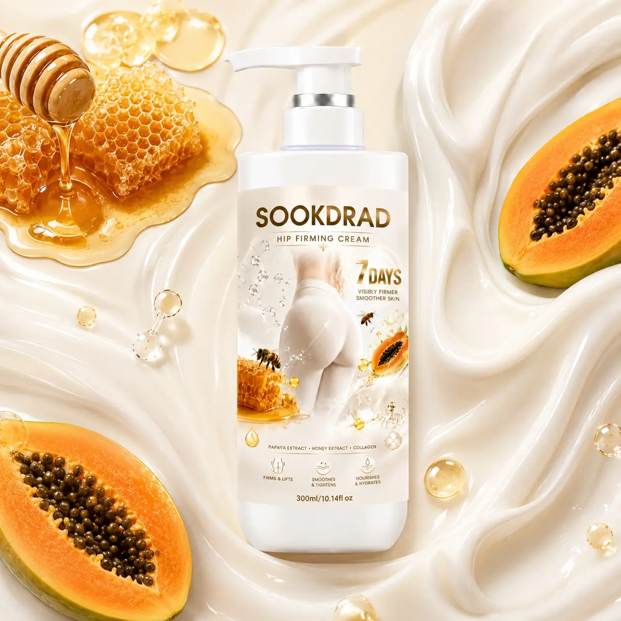 Hip Firming Cream, papaya extract, honey extract, collagen, visibly firmer skin, smoother skin in 7 days, firms and lifts, smoothes and tightens, nourishes and hydrates, for hip area, women,