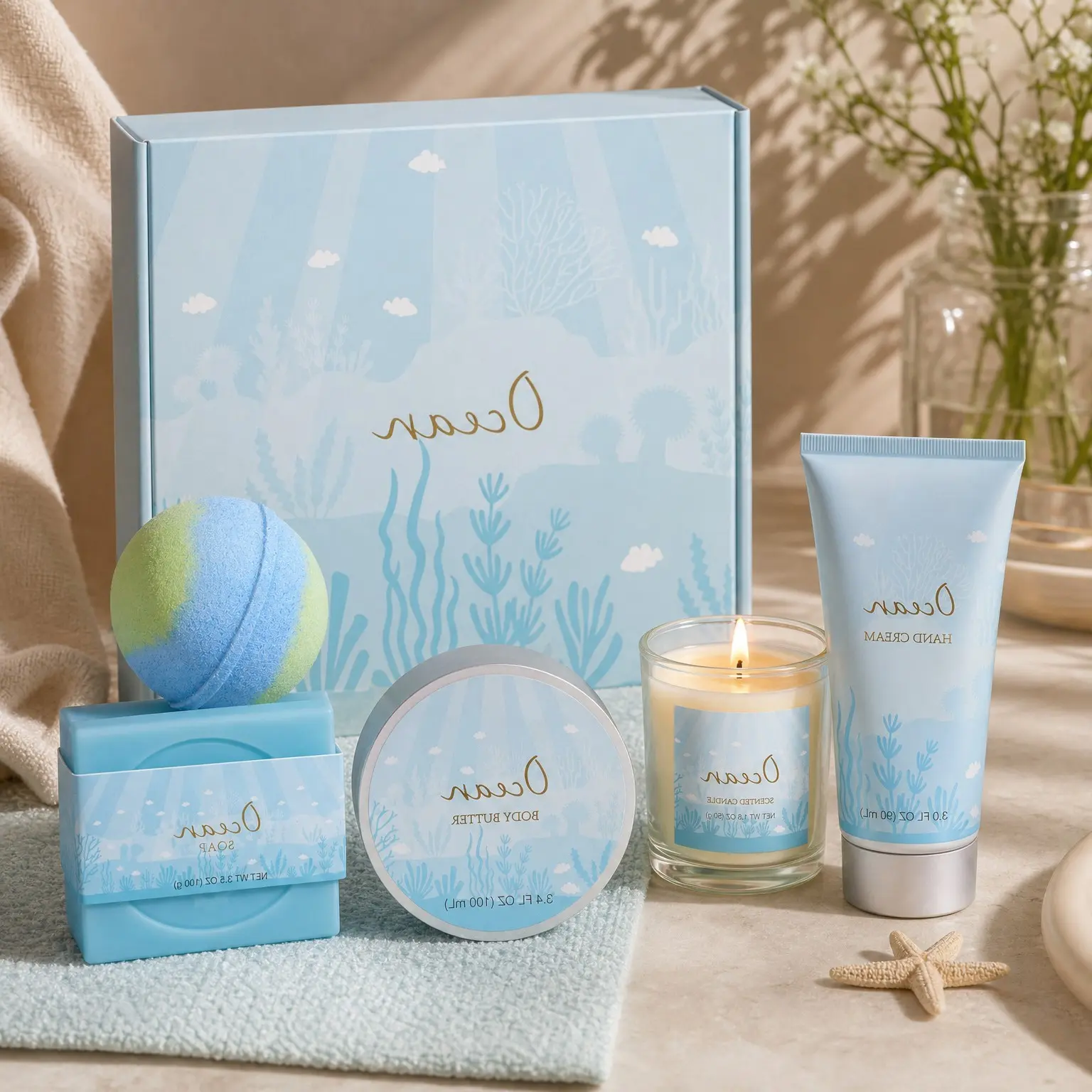 5 Pcs Ocean Scented Spa Gift Set for Women - Bath and Body Set with Scented Candle, Body Butter, Hand Cream, Bath Bomb, Mothers Day GiftsGift