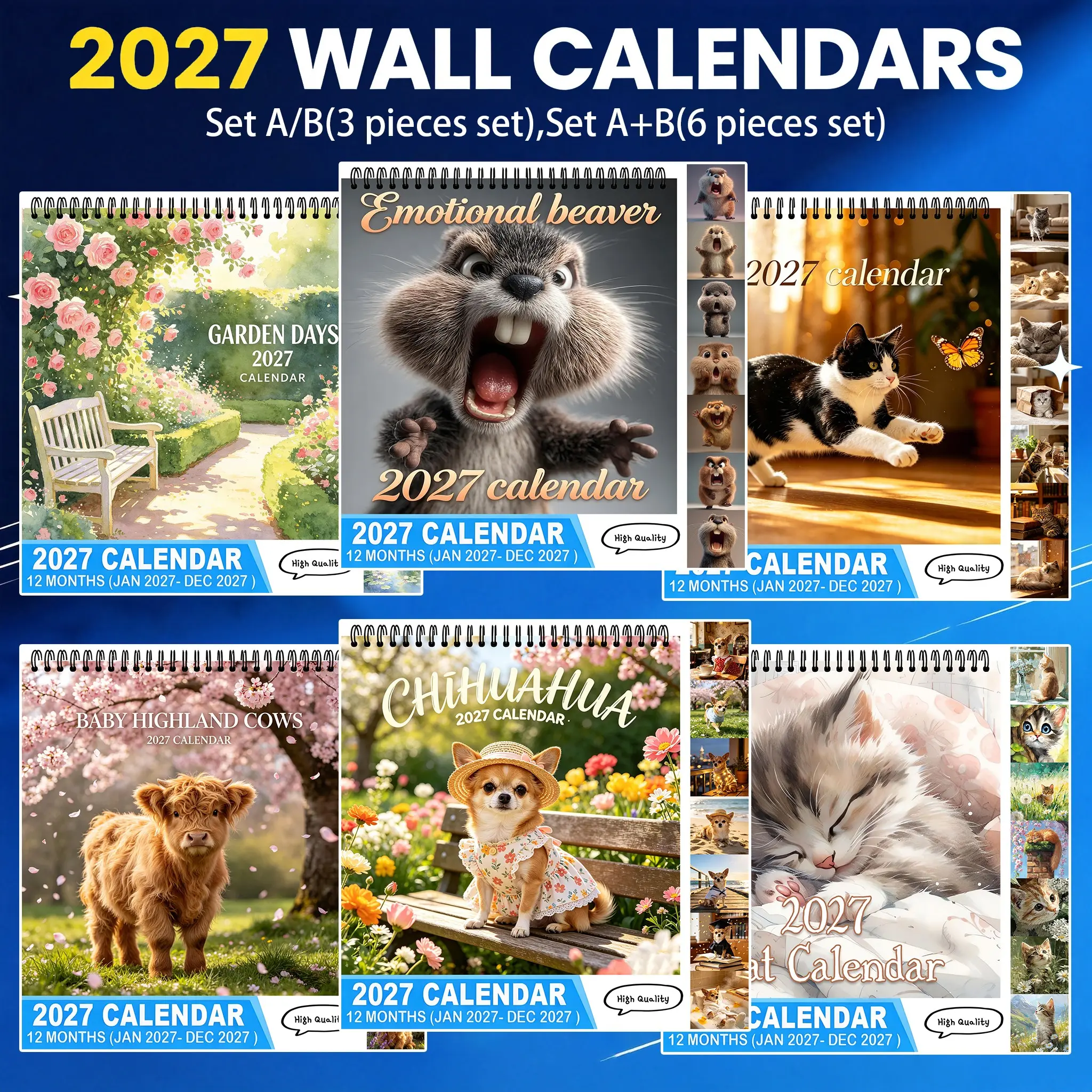2027 Cute Animal Wall Calendar 3/6Pcs Set | 12 Months Jan-Dec 2027 | Highland Cow, Chihuahua, Cat, Squirrel Garden Art Calendar | Aesthetic Home Office Decor Gift