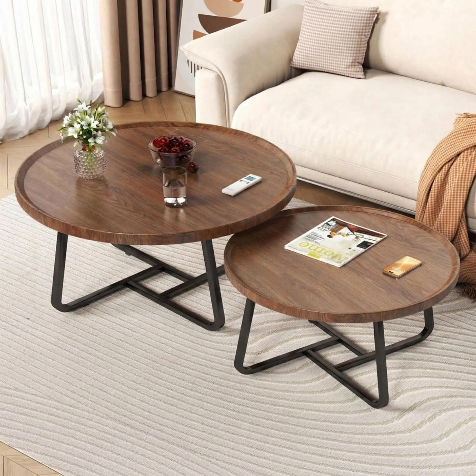 2-Piece Round Nesting Coffee Table – 80 cm + 60 cm – Modern Living Room Table – Walnut/Natural Wood/White Design – Round Coffee Table, Nesting Living Room Tables, Walnut, Natural Wood, White