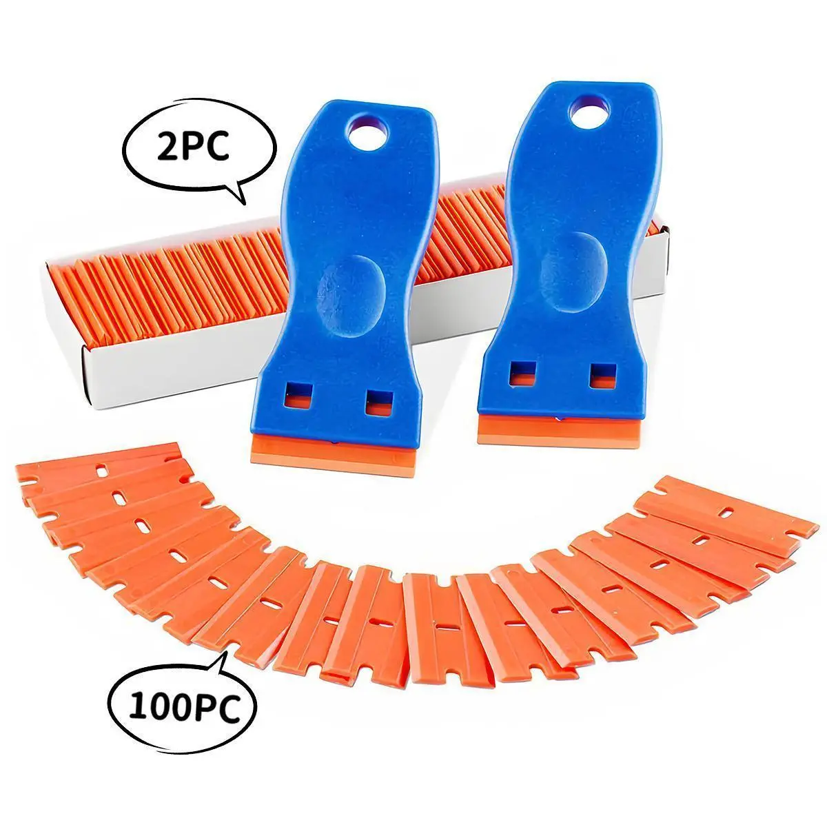 Plastic Razor Blade Scraper Include 2PCS Scraper Tool and 100PCS Blades for Gasket Remover, Labels Decal and Adhesive Remover for Windows and Glass