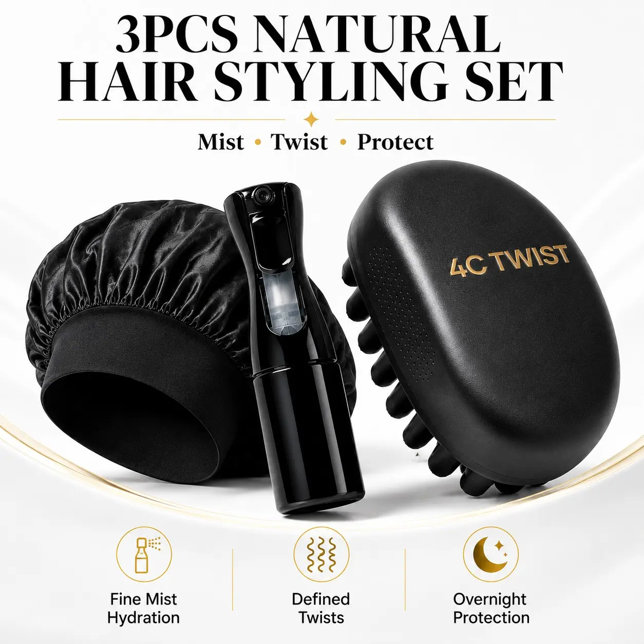 3PCS 4C Twist Hair Styling Set with Heatless Styling Tools, Sponge Brush, Fine Mist Spray Bottle & Satin Bonnet, Natural Hair Care Kit for Coils, Curls, Locs & Afro-Textured Hair
