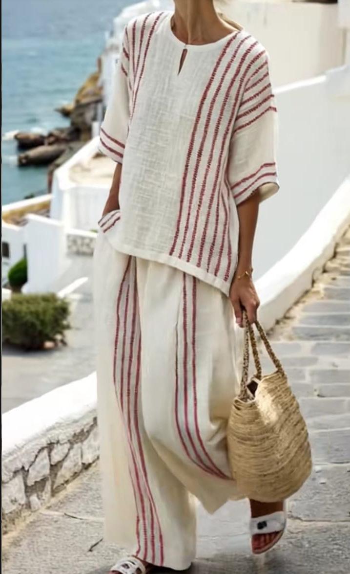 Boho Striped  Two Piece Set - Perfect for Beach, Vacation & Brunch! Casual Loose Fit Half Sleeve Top Wide Leg Pants Set #   TwoPieceSet #   WideLegPants #   Striped #   SummerOutfit #   BohoFashion #   CasualWear #   Outfit of the Day #   WomensFashion