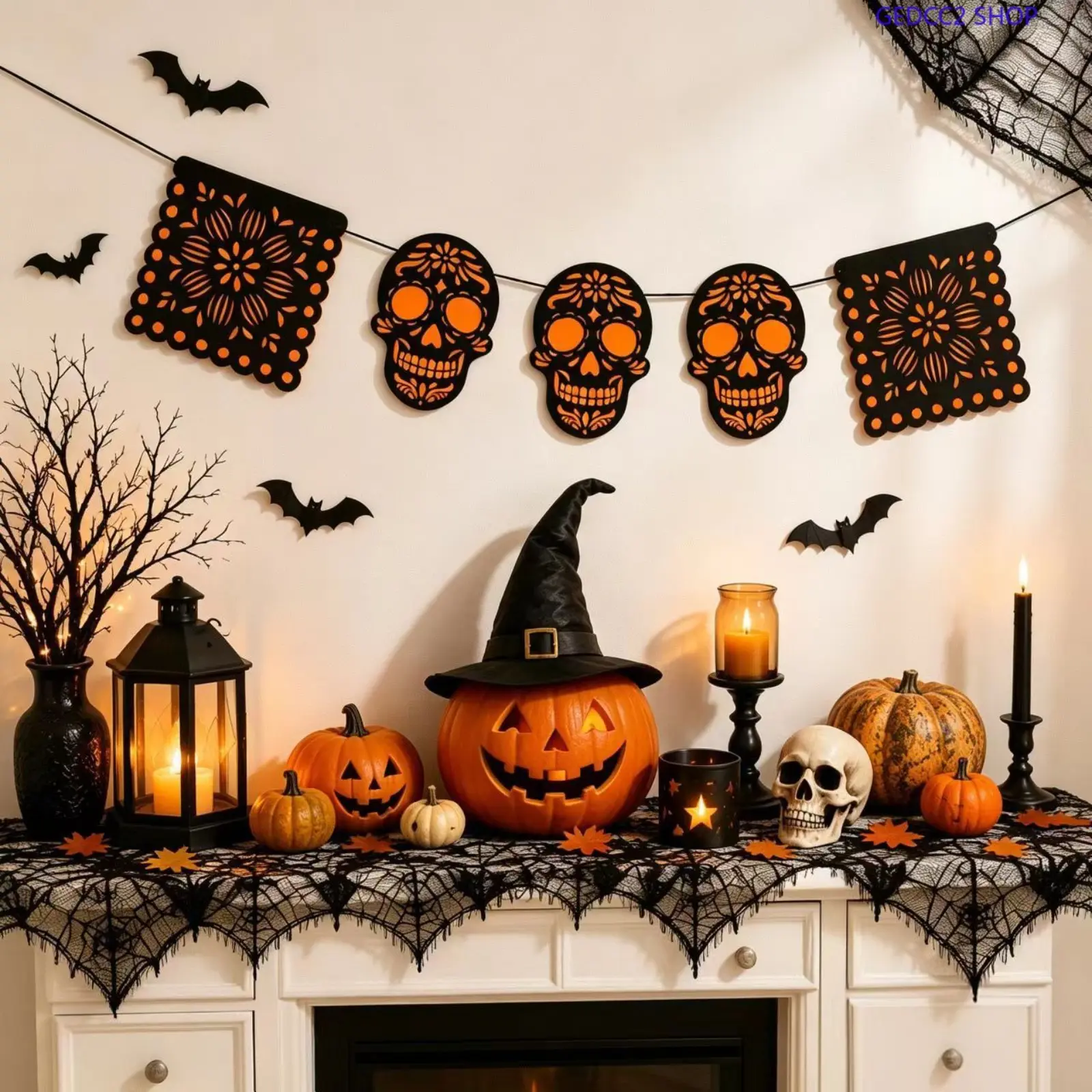 Halloween Skull Banner Decoration, Black & Orange Hanging Garland, Spooky Party Wall Decor for Halloween Events, Home & Classroom