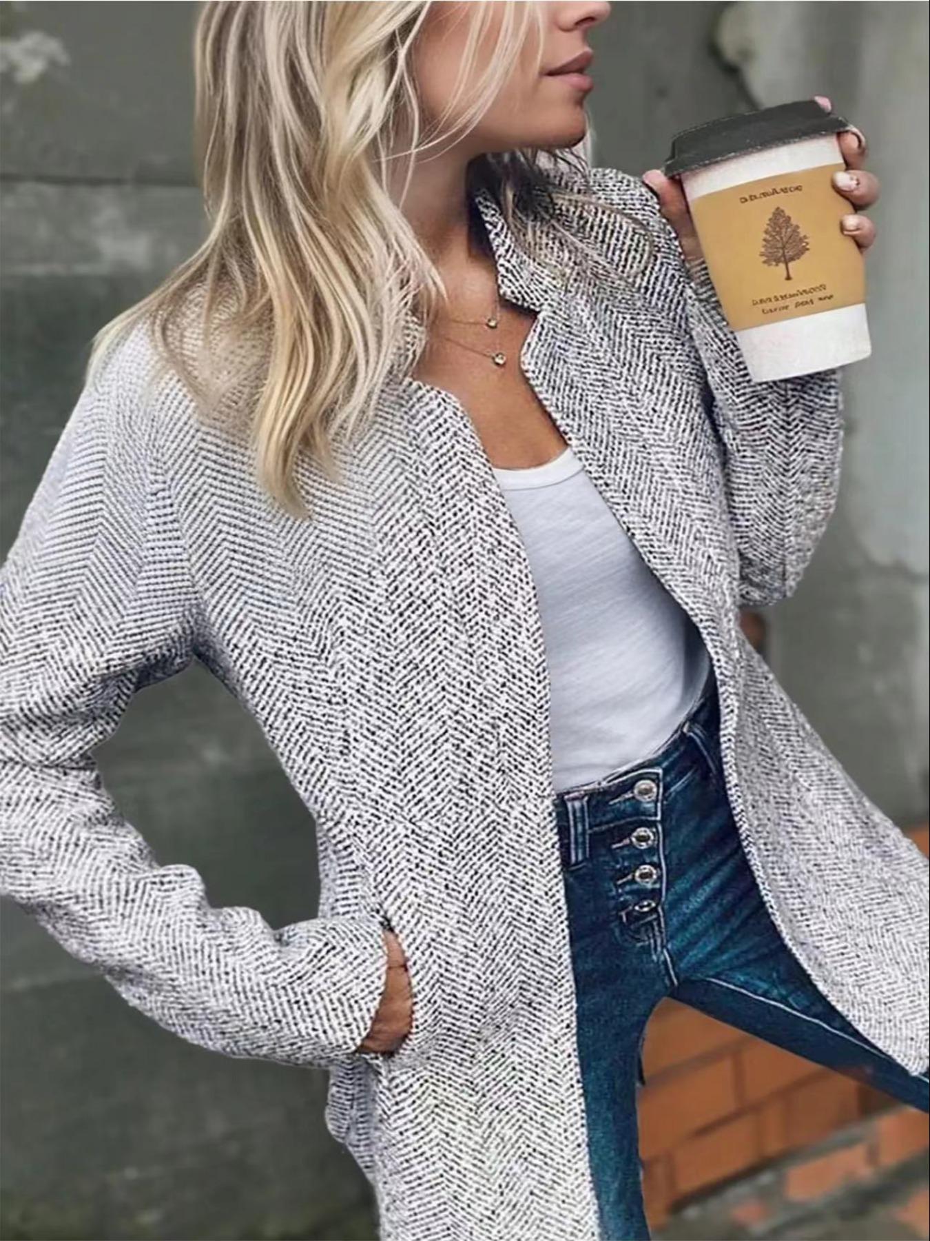 Women's Solid Color Pocket Long Sleeve Open Front Coat, Casual Longline Outerwear for Fall & Winter, Ladies Clothes for Daily Wear, Clothing for Women