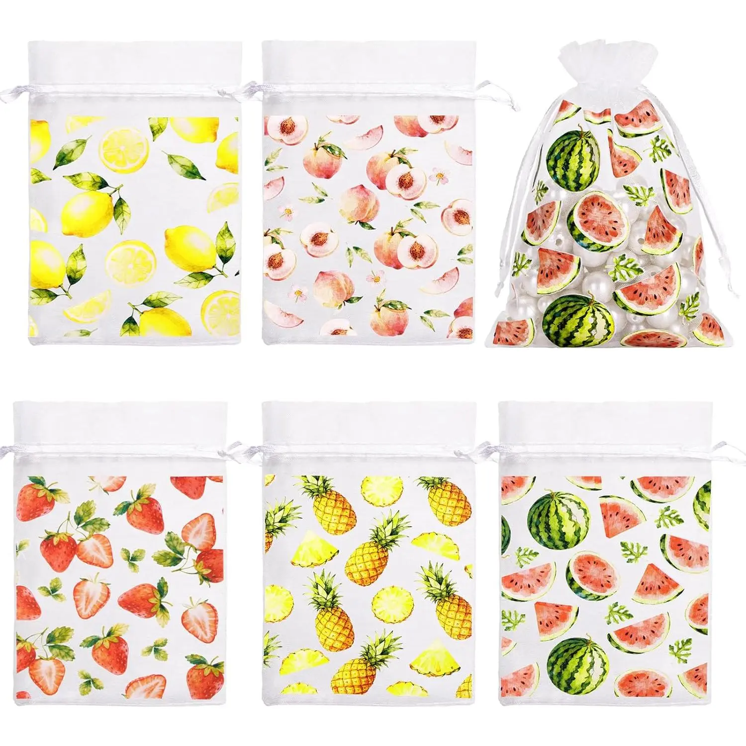 30 count Furit Organza Bags - 4x6In Summer Drawstring  Bags, 5 Style Party Favor Bags for Birthday, Classroom, , Picnic