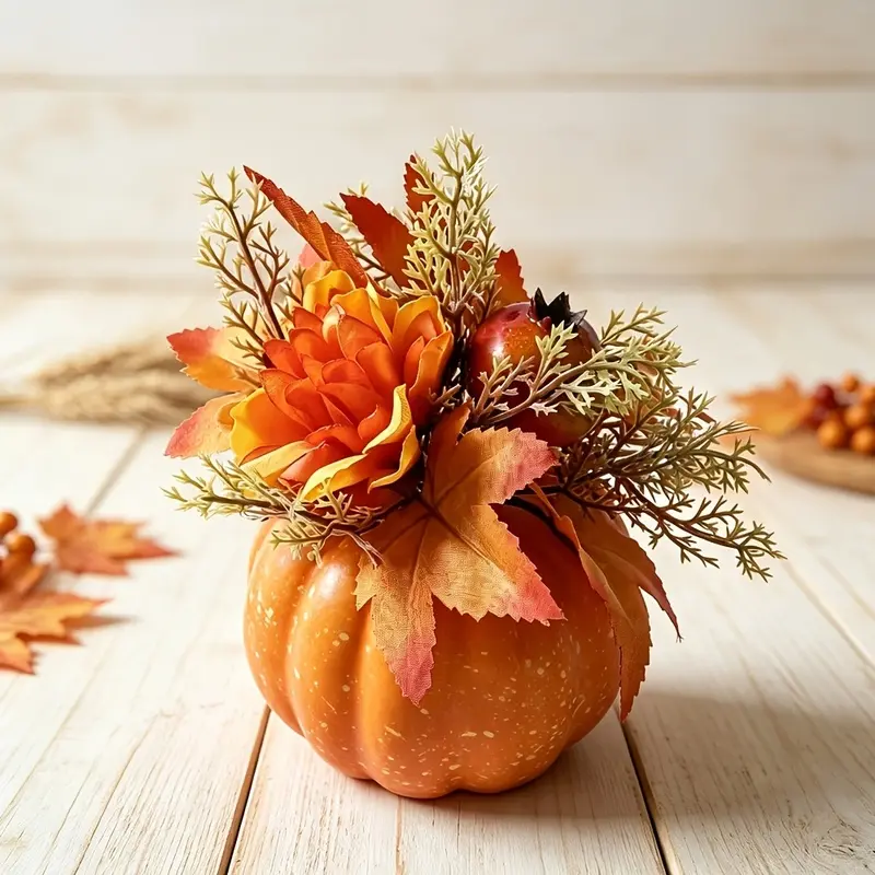 Artificial pumpkins with flowers, fake foam pumpkins, autumn faux pumpkin models. Suitable for bedroom shelves, porches, weddings, autumn harvest themes, Thanksgiving and Halloween parties, home decorations and table centerpieces.