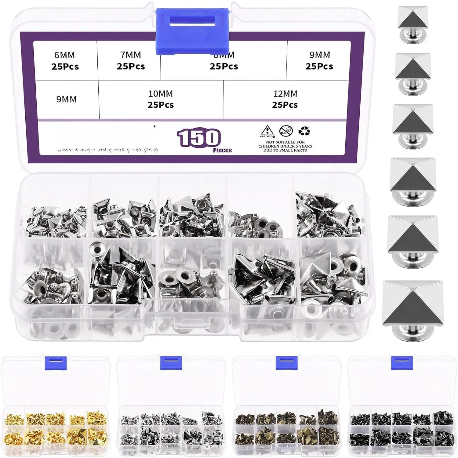 150 count 6 Sizes 6mm/7mm/8mm/9mm/10mm/12mm  Spike Rivet Pyramid Rapid Rivet Studs Kit, Square Rivets Metal Pyramid Fits for Bag Leather Clothing Shoes Rivet Handicraft DIY Punk