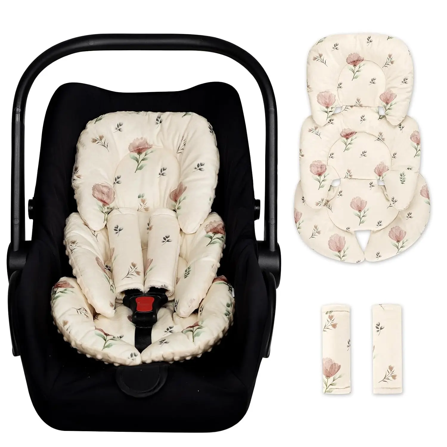 Newborn Infant Car Seat Insert with 2 Strap Pads - Super Soft Head & Body Support, Reversible Cushion for Strollers & Bouncers, Simple Flowers Gift for Babies (Sports & Outdoor Accessory)