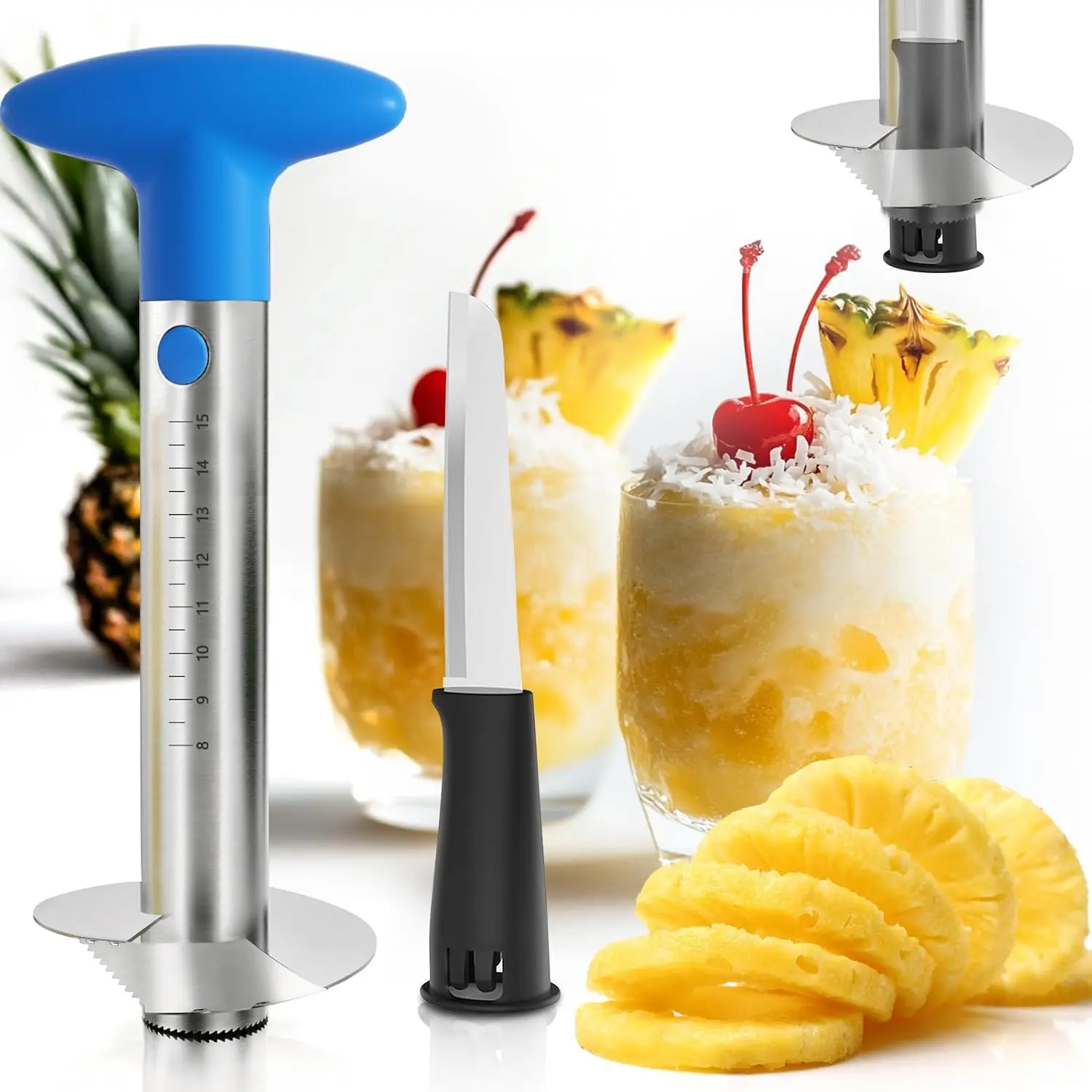 Pineapple Corer and Slicer with Measurement Marks – Stainless Steel Pineapple  for  Pineapple Rings & Effortless  (Blue)