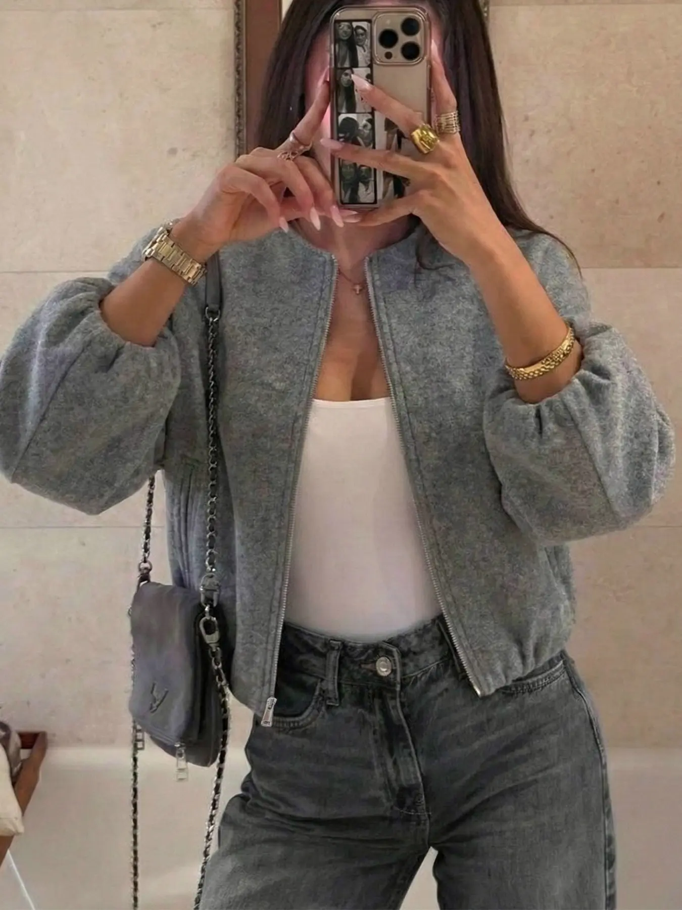 Women's Gray Zip Up Jacket, Round Neck Long Sleeve Cropped Coat, Loose Baggy Casual Oversized Outerwear, Perfect For Shopping, Afternoon Tea And Daily Street Outfits