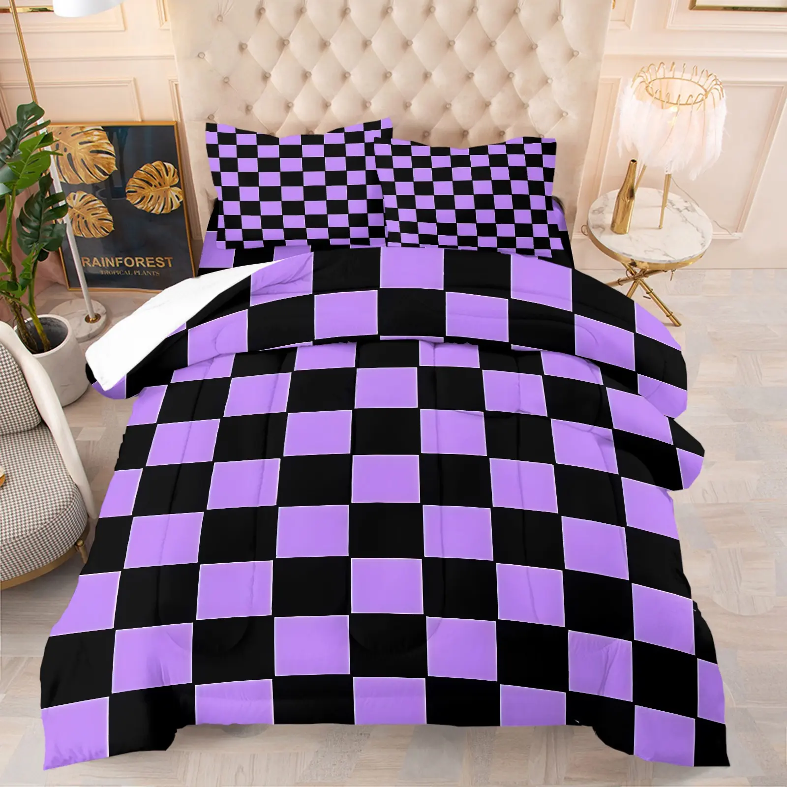 Black Purple Checkerboard Comforter Set, Quilted Duvet Set, 1 Comforter + 1-2 Pillowcases, Retro Grid Pattern Design, Soft Cozy Washable Durable Microfiber Quilt, All Season Use for Bedroom Dorm Guest Room