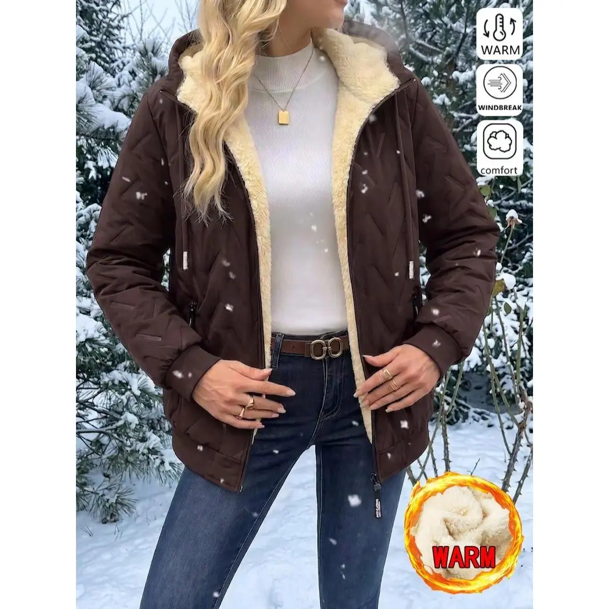 Women's Warm Lightweight Winter Fleece Jacket with Drawstring - Women's Coats, Outerwear, Tops, Clothes Suitable for Casual Wear & Outdoor Activities