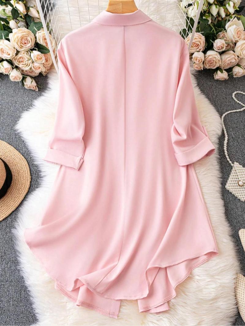 Plus Solid Long Sleeve Button Front Shirt Blouse, Casual Collared Button Up Top for Spring & Fall, Women's Clothes for Daily Wear, National Day Clothing