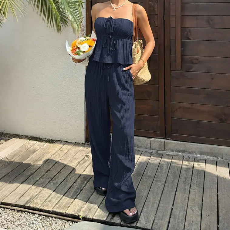 Strapless Ruffle Top & Wide-Leg Pants Set, Casual Two-Piece Set, Pleated Fabric, Fashion Trends, Suitable For Everyday Wear