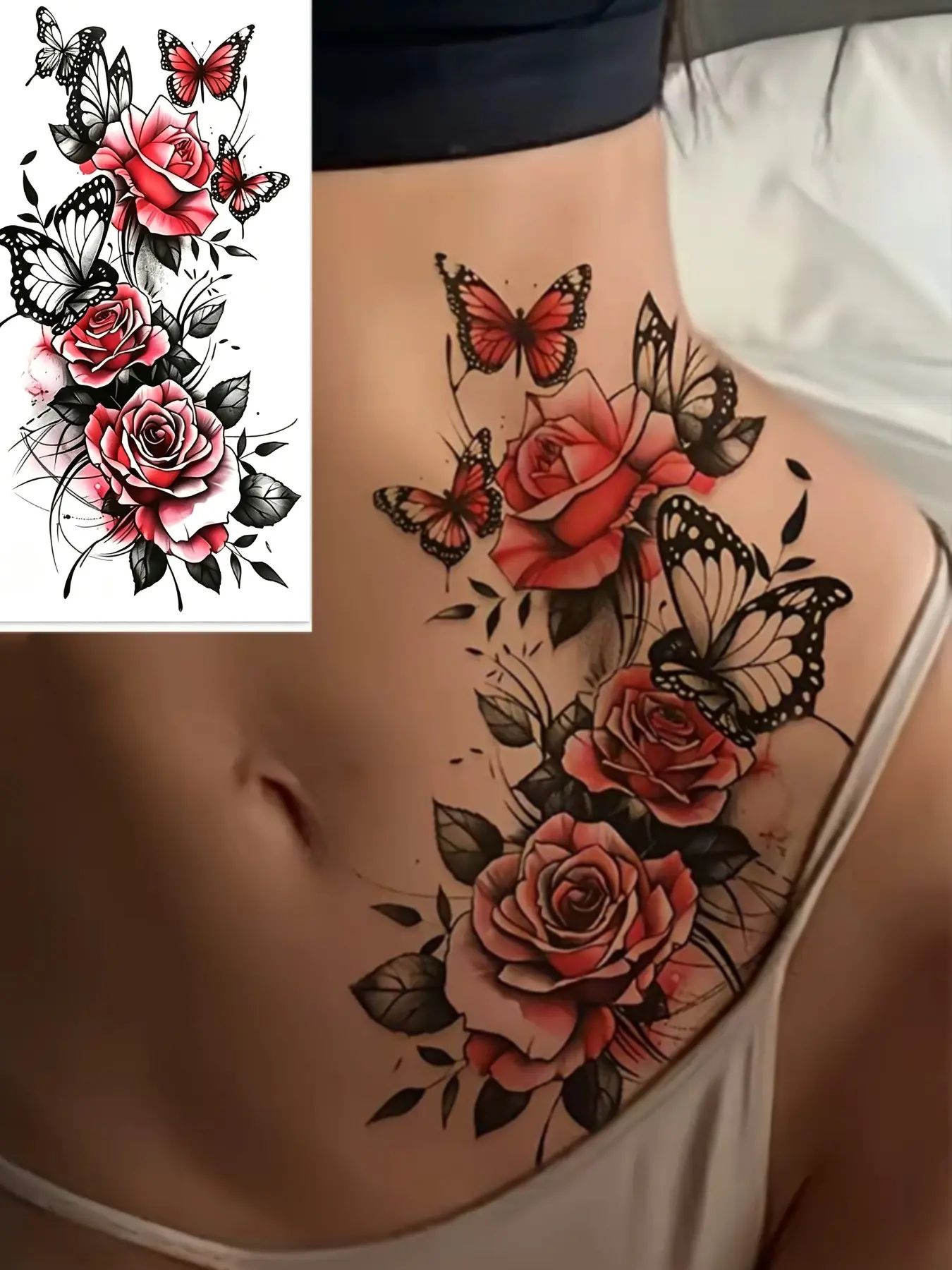 2pc Temporary Tattoo Sticker, Rose & Butterfly Design, Waterproof & Durable, Realistic Fake Tattoo, Body Fake Tattoos for Men & Women, Temporary Tattoos Stickers