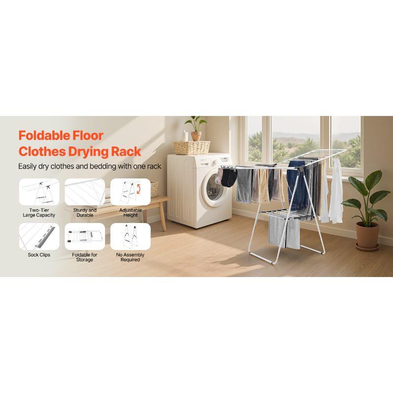 VEVOR Clothes Drying Rack, 2-Tier Foldable Laundry Dryer Rack with Sock Clips 21 Drying Rods, Metal Height Adjustable Drying Racks for Outdoor Indoor, Free-Standing Space-Saving Hanger, White