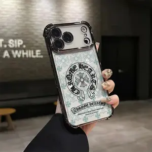 Mint Green Chrome Hearts Pattern Phone Case for iPhone 17 AIR 17 PRO 16 PRO15 PRO MAX 14 PLUS 13 PRO 12 11 PRO XS MAX X XR Plus  Shockproof Protective Cover Full Protection Anti-DropSolid color large-pore