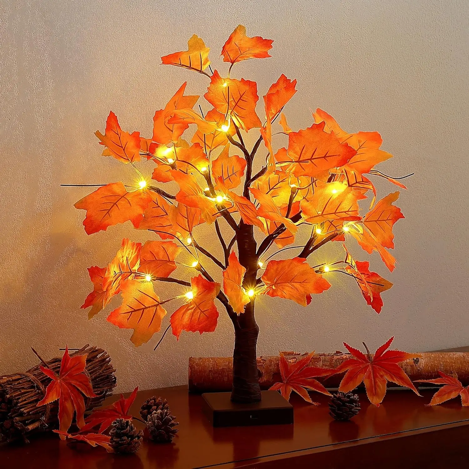 24 LED Battery Operated Artificial Maple Tree Light with Timer, Rust Orange Fall Foliage, Thanksgiving Indoor Home Decor, Halloween Ornament & Gift